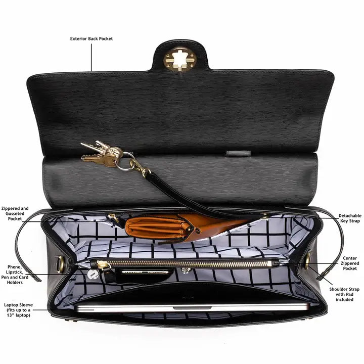 a black purse with text on it